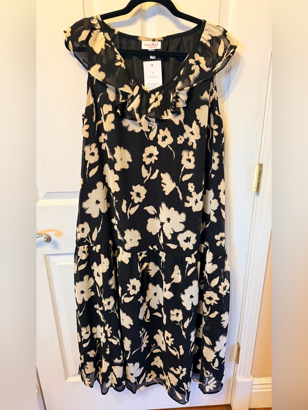 Ruffled V-Neck Black Maxi Dress with Cream Floral Print